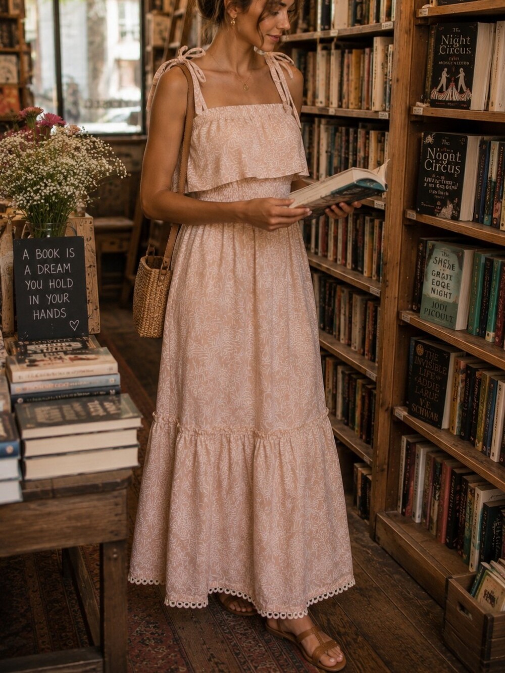 Ruffle Overlay Tie Shoulder Midi Dress S Beige Boho Leaf Print Cottagecore Boho